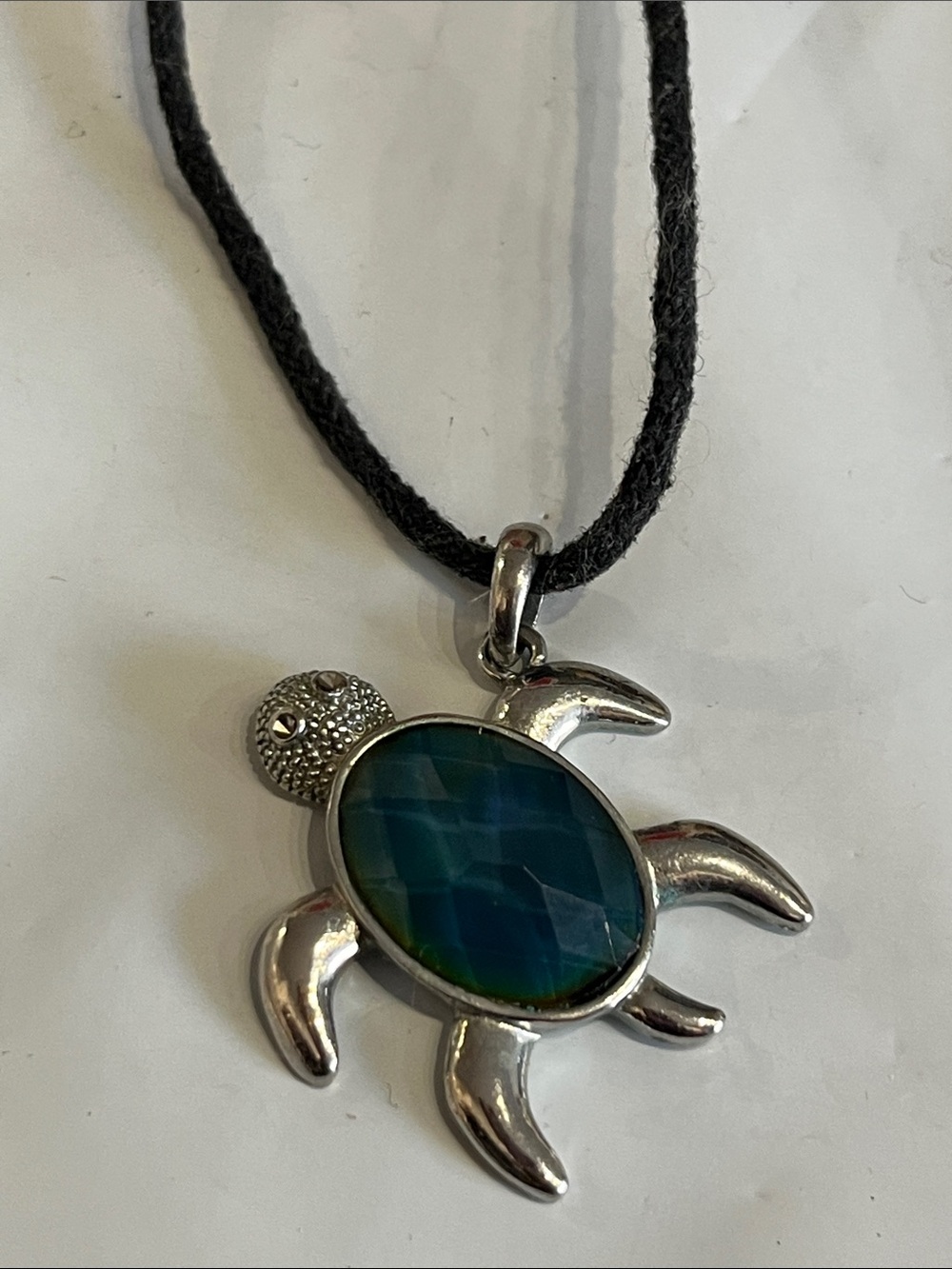 Tortoise pendant, black cord chain enclave, blu stone